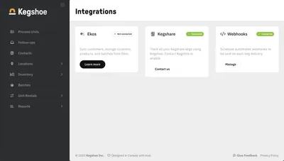 Kegshoe dashboard showing ERP integration UI
