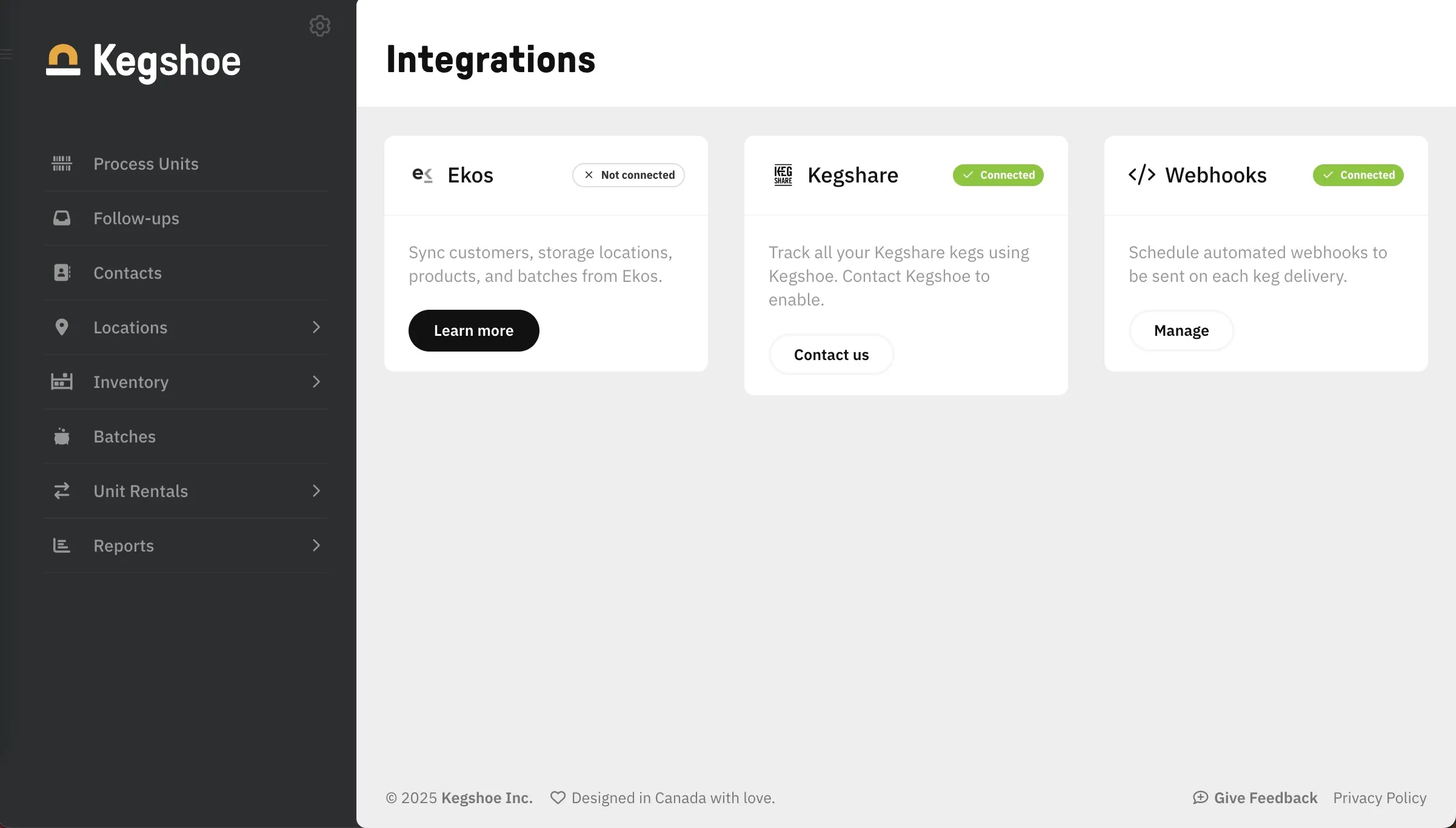 Kegshoe dashboard showing ERP integration UI